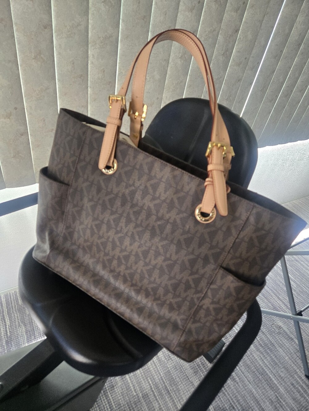 Michael Kors Brown Signature Monogram Professional Tote with Tan Handles